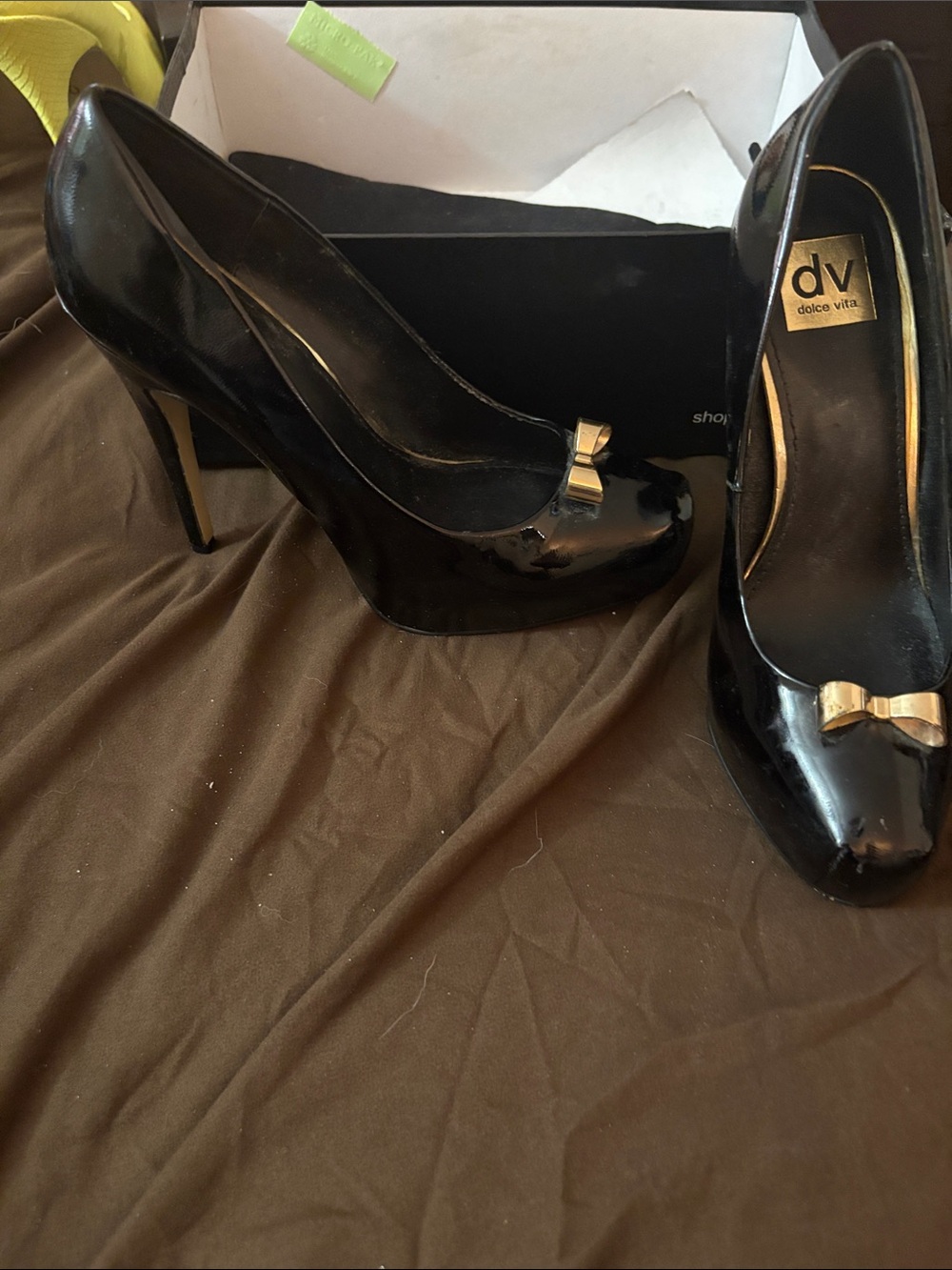 Dolce Vita Black Patent Stiletto Pumps with Gold Bow Detail